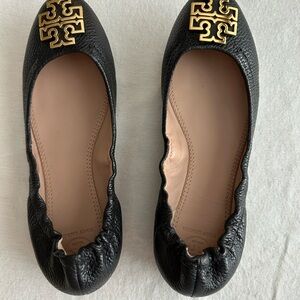 Tory Burch Black Flats with Gold Logo